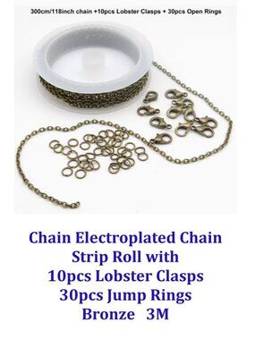 Electroplated Chain Roll w/ 10pcs Lobster Clasps 30pcs Jump Rings 3m Bronze